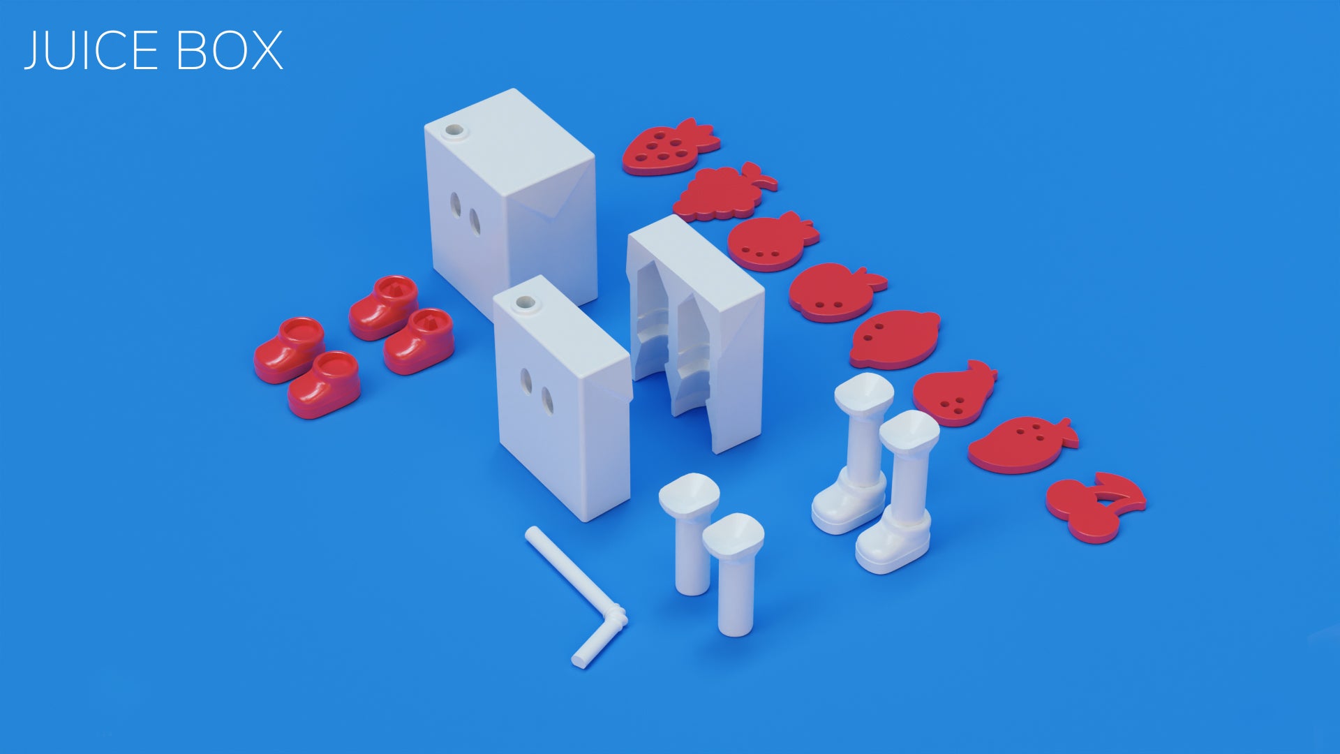 a group of red and white objects sitting on top of a blue surface