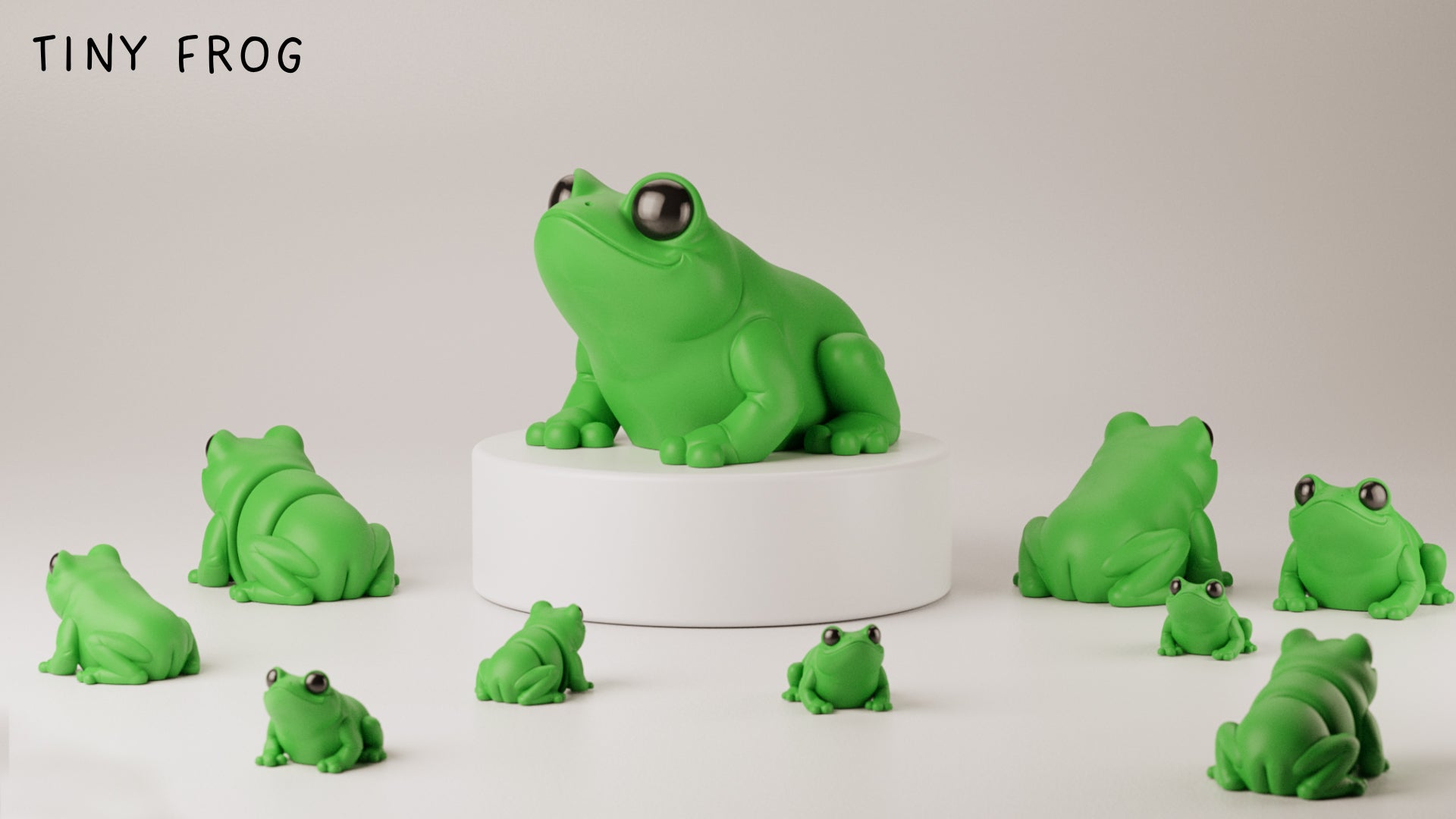 a group of green frog figurines sitting on top of a table