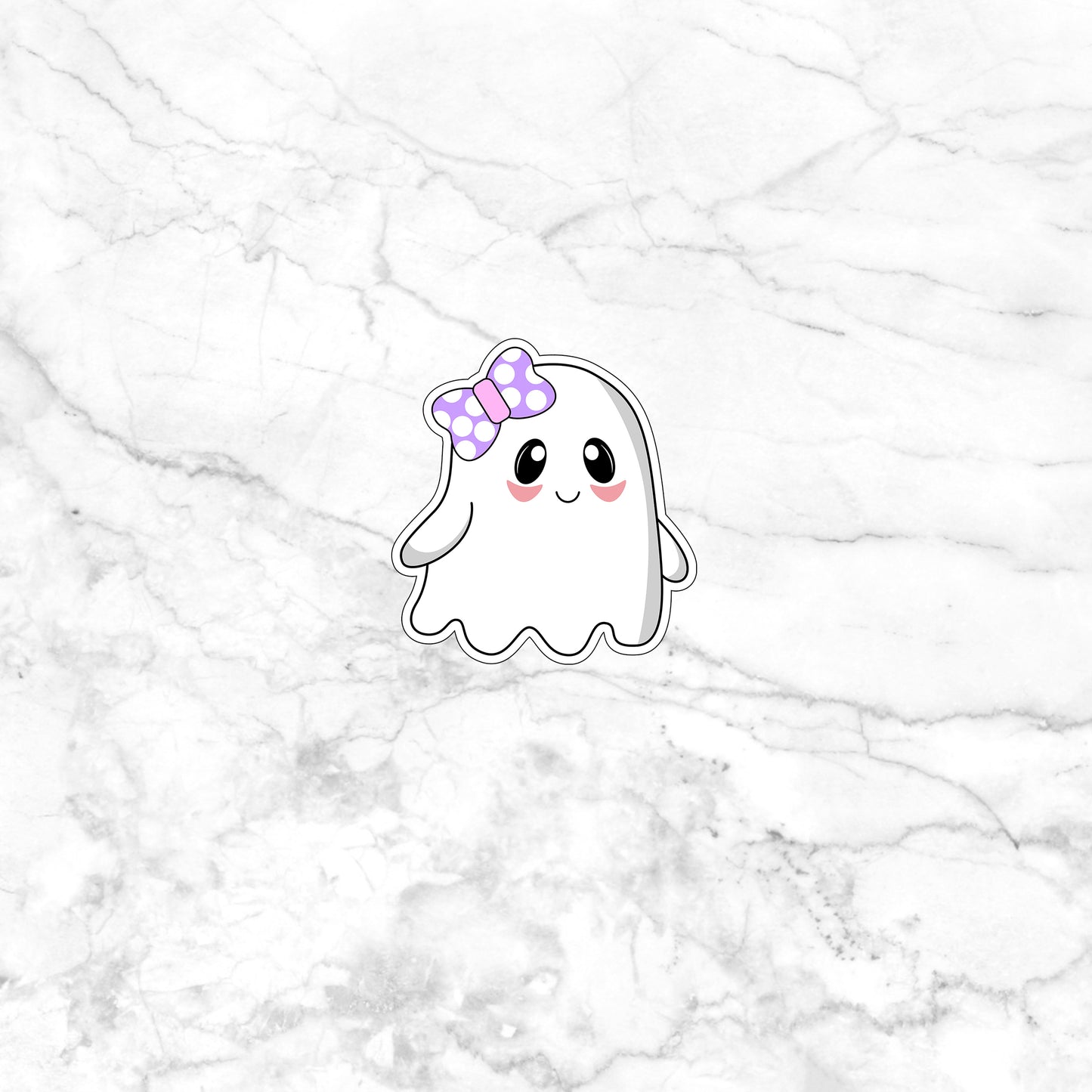 a sticker of a ghost with a bow on it