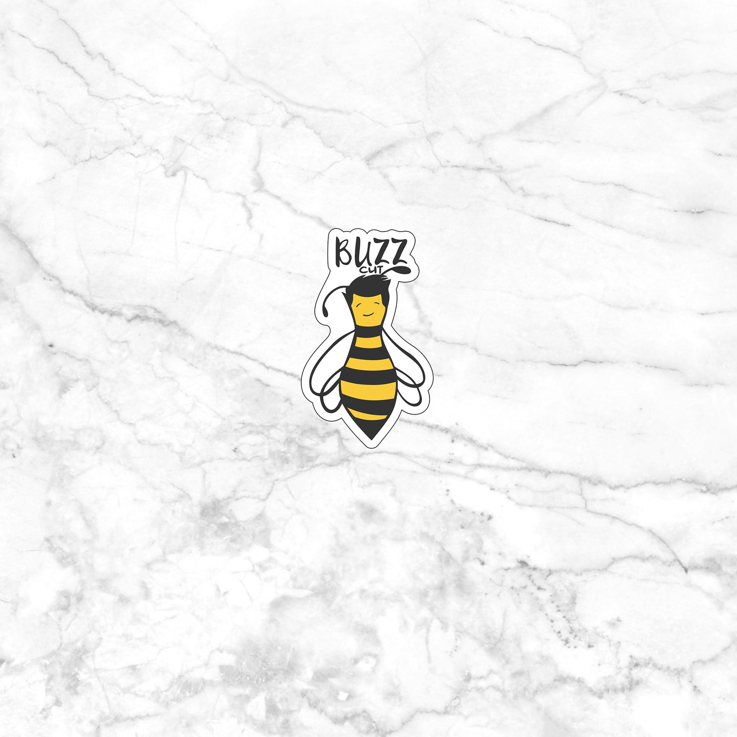 a sticker of a bee with the word buzz on it