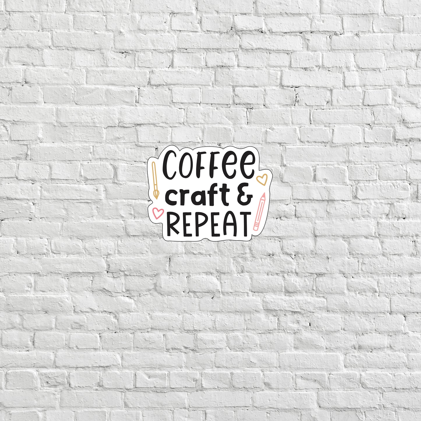 a white brick wall with a coffee craft and repeat sticker on it