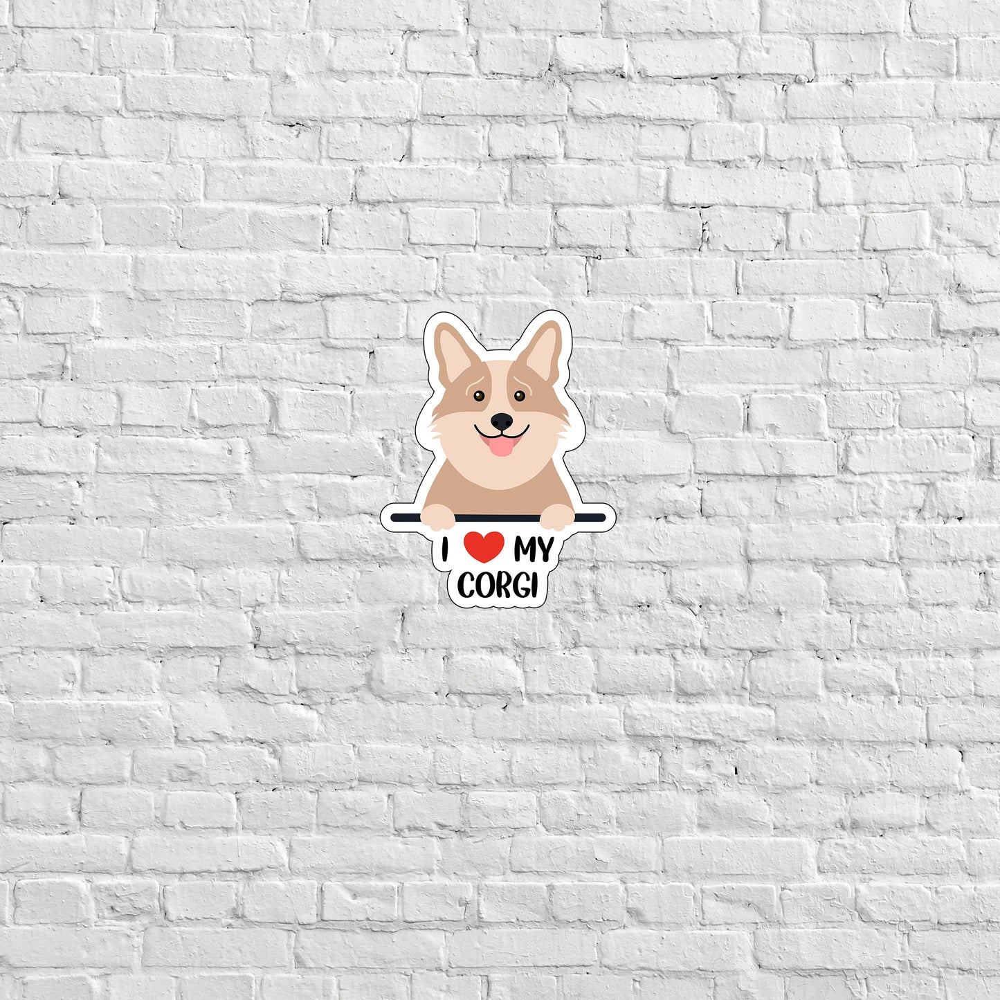 a sticker of a corgi on a white brick wall