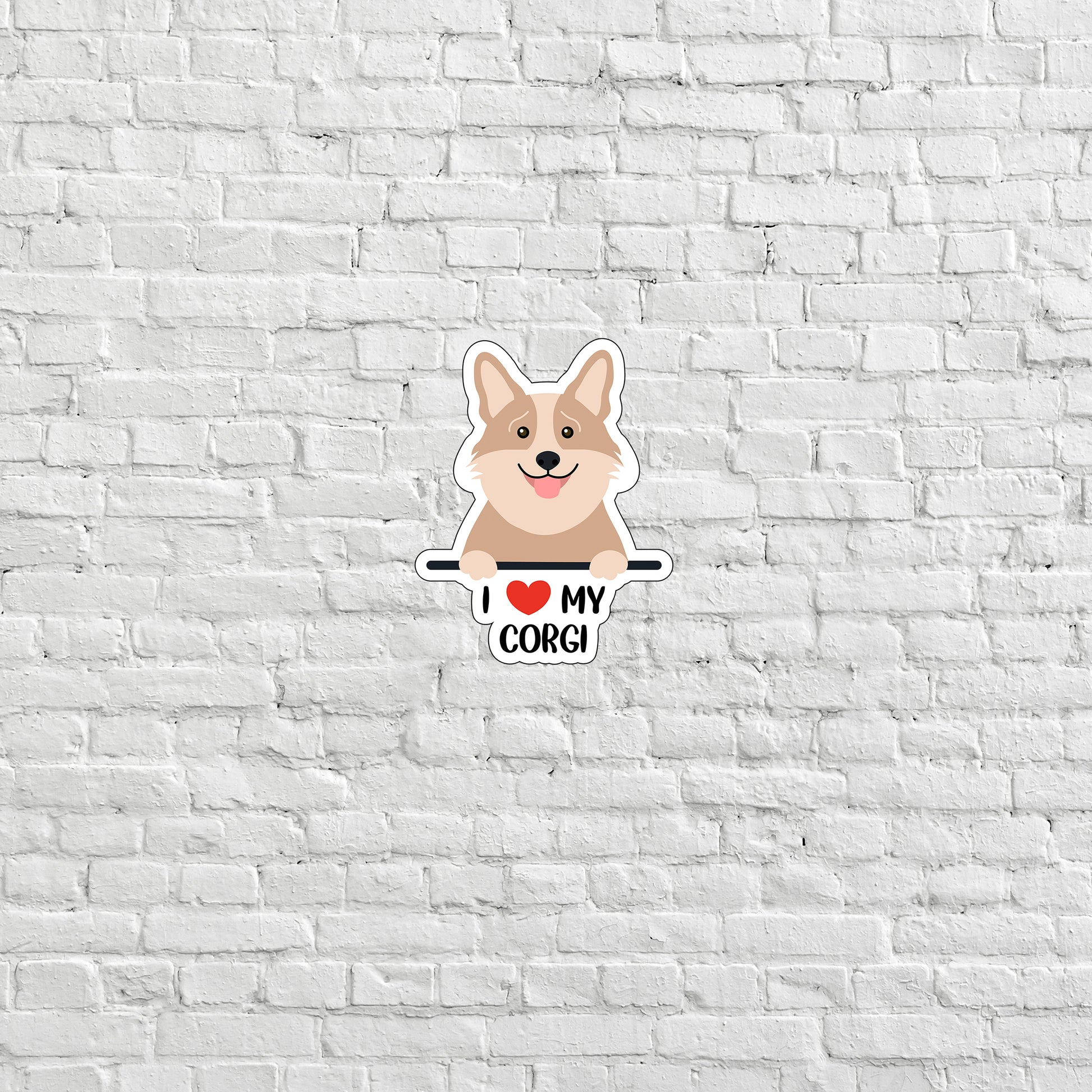 a sticker of a corgi on a white brick wall