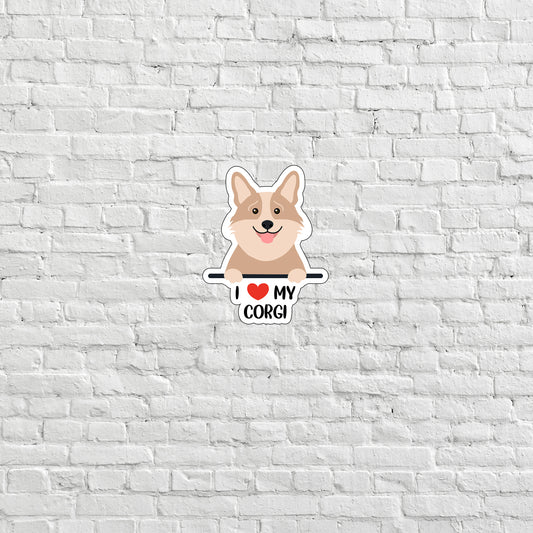 a sticker of a corgi on a white brick wall