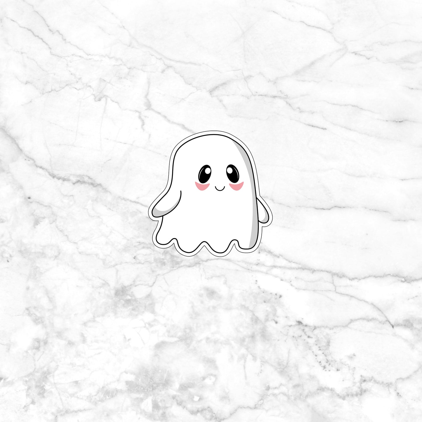 a sticker of a ghost on a marble background