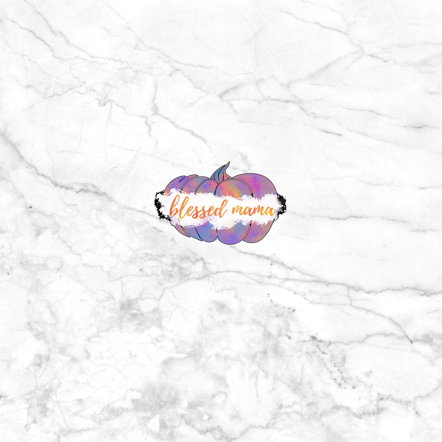 a white marble wall with a colorful pumpkin on it