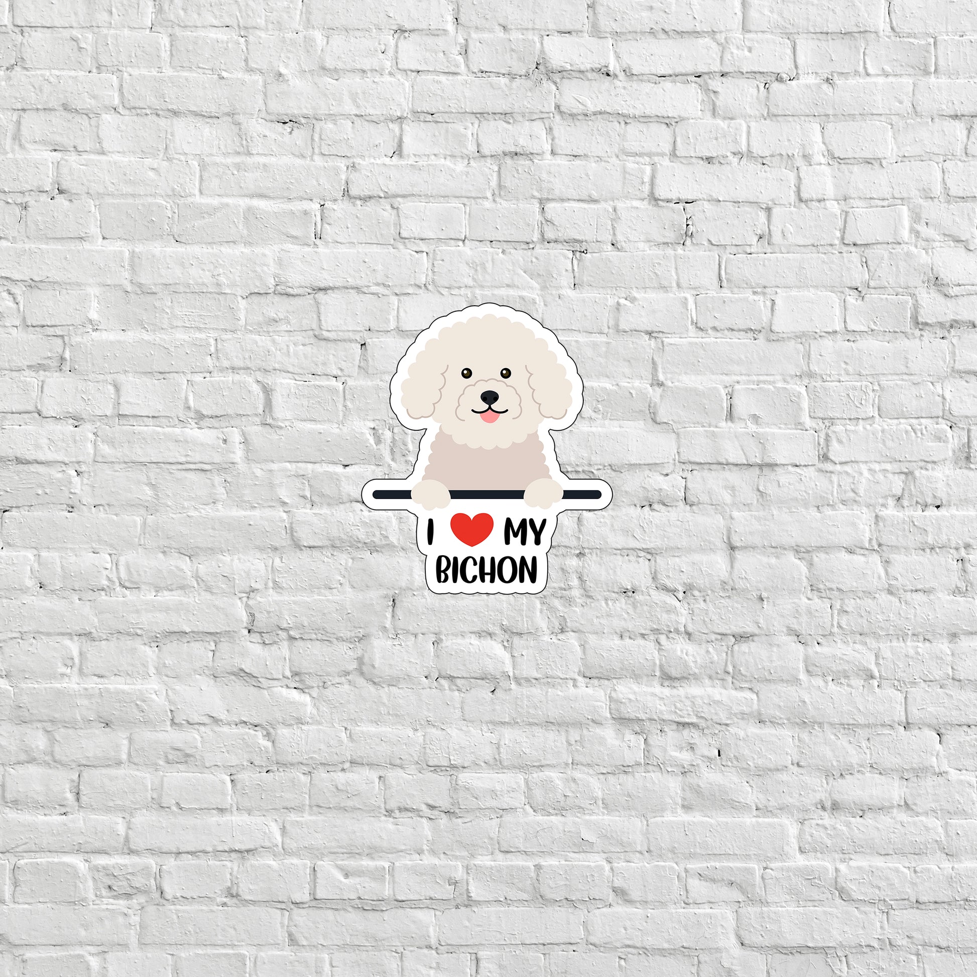 a white brick wall with a sticker of a dog on it