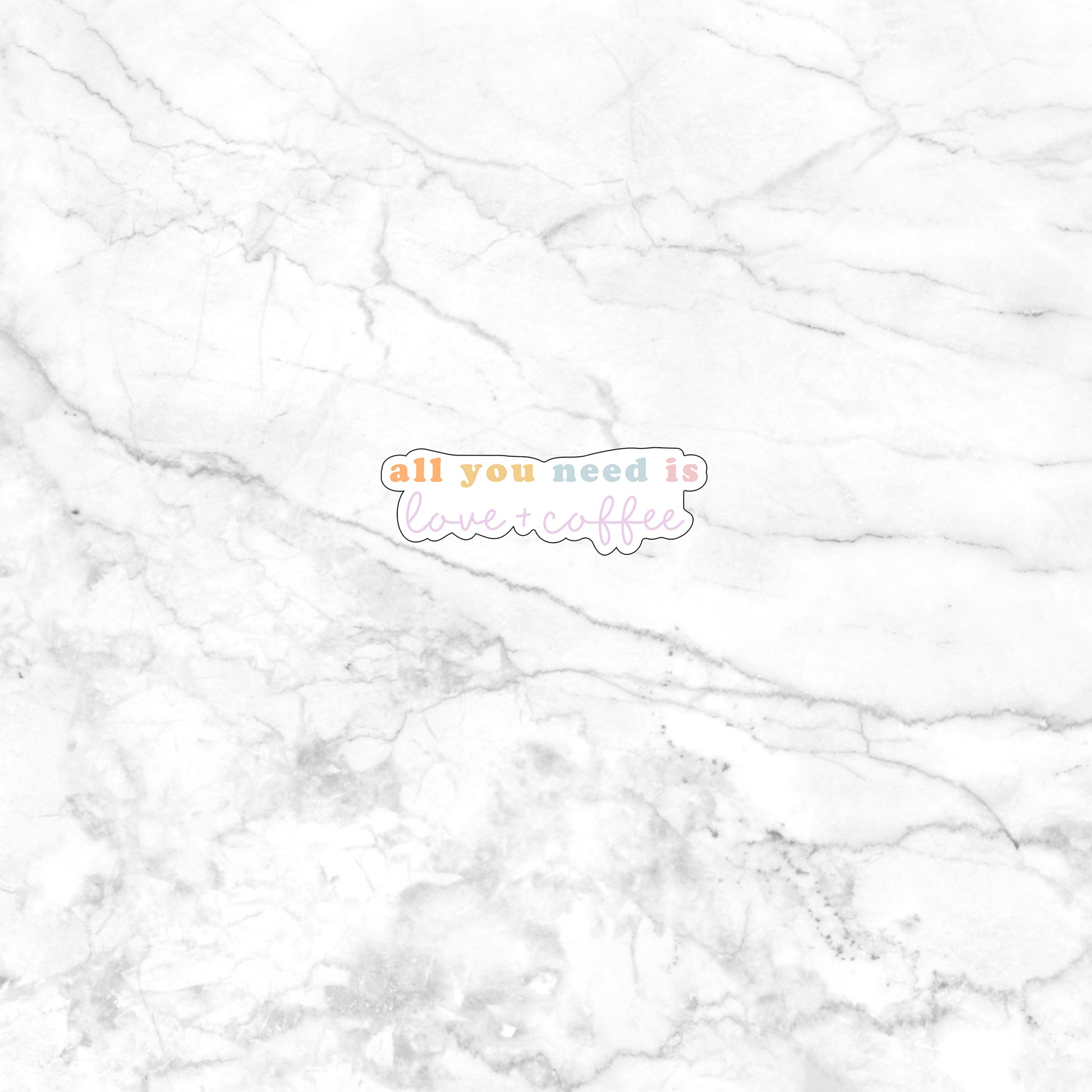 a white marble wall with a pink and orange sticker